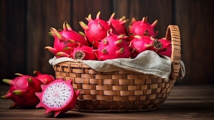 Fototapeta na wymiar Red dragon fruit or pitaya in basket on wooden background, Tropical fruit in summer season