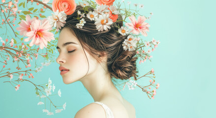 Collage of a woman with spring flowers in her hair on blue background. Young and fresh