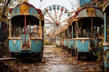 Obraz premium An overgrown post-apocalyptic amusement park. A flooded abandoned amusement park.