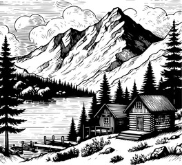 Hand drawn vector nature illustration with mountains, lake and trees