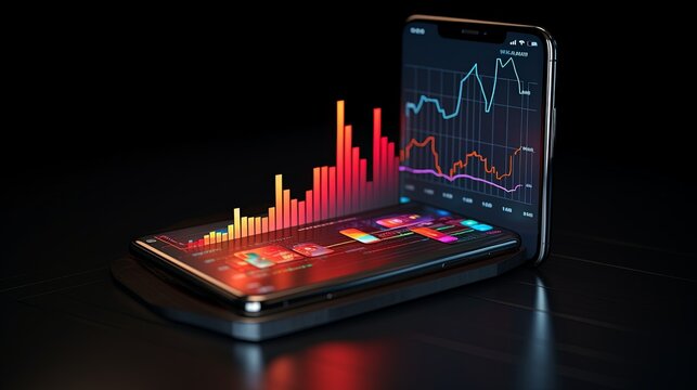Realistic smartphone mockup. candlestick chart of stock sale and buy. Market investment, online trade on mobile phone. Vector transparent shadow, blur effect. Business application interface design