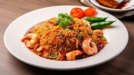 Fototapeta premium Seafood Tom Yum Fried Rice,Stir fried rice with shrimp and squid with chilli sauce on white plate