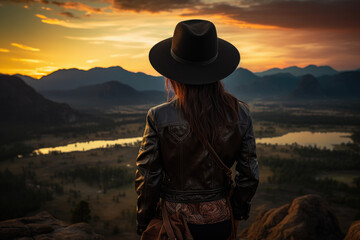 Woman in hat watching sunset over mountains. Travel and adventure.