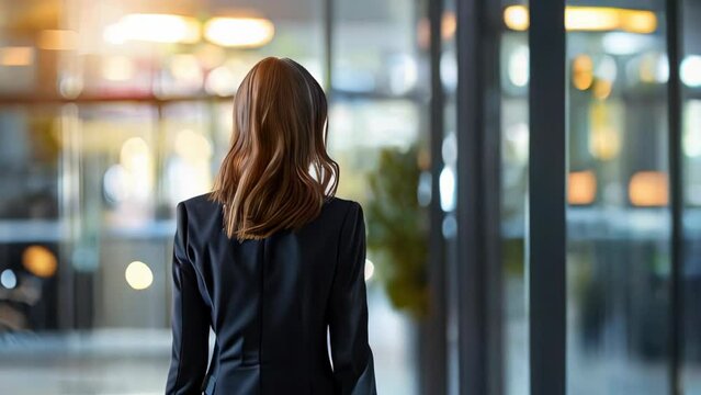 Rear View Of Young Businesswoman Standing In Office Lobby. Rear View Of Businesswoman Looking At The Window.