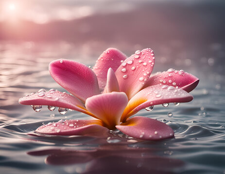 Pink frangipani flower on the water in sunrise mist, concept for tropical vacation, relax and spa. Beautiful floral digital illustration. CG Artwork Background