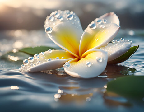 Yellow frangipani flower on the water in sunrise mist, concept for tropical vacation, relax and spa. Beautiful floral digital illustration. CG Artwork Background
