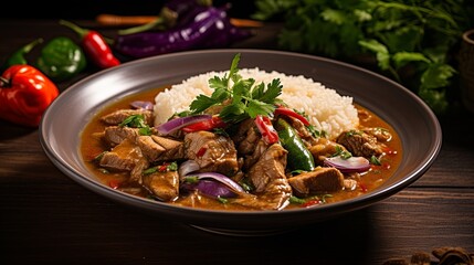 spicy thai curry with pork meat serving with rice and decorating with herbal vegetable ingredients like chili and eggplant on rustic background - Thai food
