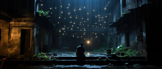 a man sitting on a stone step in a dark alley