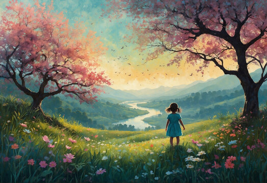 little girl in the spring meadow painting art background
