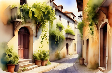 Watercolor urban landscape. An old medieval street in a European town