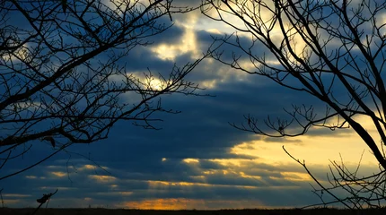 Fotobehang 朝焼けと壮大な雲。雲から漏れる暖かい陽射しの絶景風景 © mohmohwoo