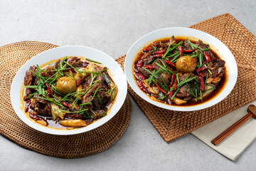 Pork, braised backbone, spicy, ribs, chives, peppers, onions, rice cakes, soy sauce,