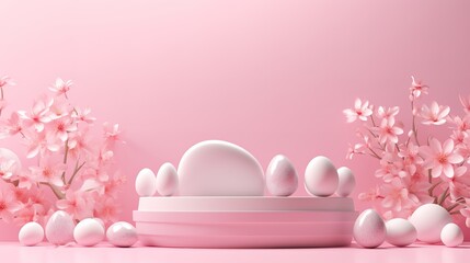 Fototapeta na wymiar Pink and white podium with pink background and Easter eggs. 3d render illustration, generative ai, 
