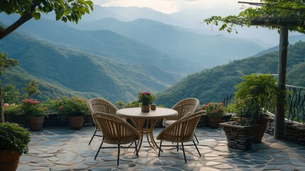 Rows of chairs arranged neatly against a stunning backdrop of morning mountain views.