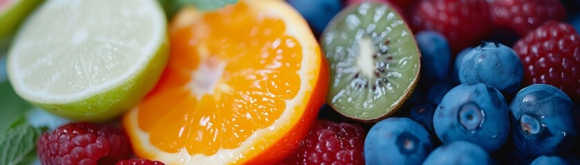 A panoramic close-up of citrus slices and fresh berries with glistening water droplets, showcasing...