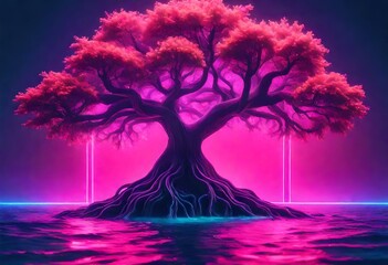 neon theme tree in the middle of the sea, Instagram story, background or banner