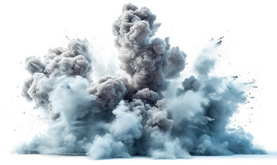 Explosive Burst of Dense Smoke Clouds Isolated on White Background, Concept of Power, Destruction, and Turbulent Force in Nature or Industry