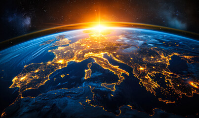 Illuminated Europe on Earth's Surface from Space during Sunrise, Glowing City Lights Depicting Human Activity and Civilization Development