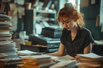 a woman reading documents on a work space desk with a printer in the background, in the style of atmospheric shots