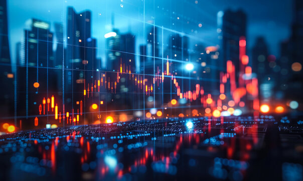 Financial Data Analysis Graph Overlay on Blurred Cityscape Background, Concept of Stock Market Trends, Economic Forecasts in Urban Setting © Bartek