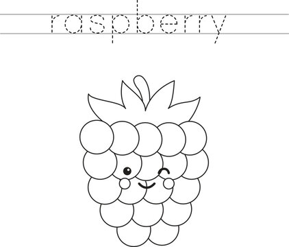 Trace the letters and color cartoon raspberry. Handwriting practice for kids.