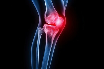 x-ray of a male human knee, showing painful in red color, black background 