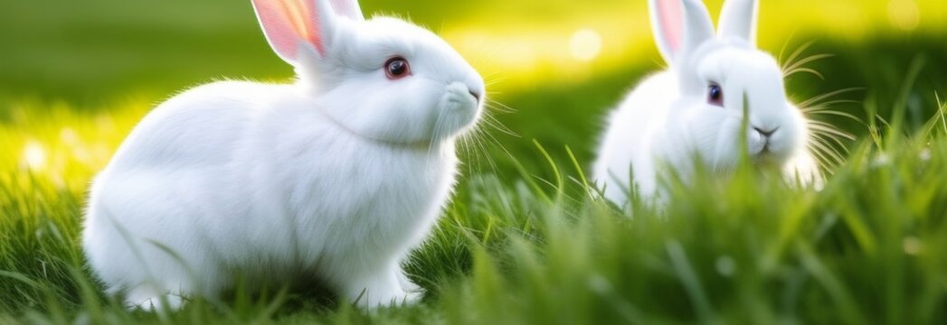 The rabbits sit on the grass form nature background. Easter day banner
