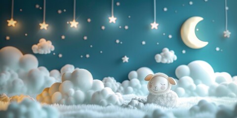 Fototapeta na wymiar Blue Background Resembling the Night Sky with Small Bright Stars and a Cute Full Moon, Fluffy Clouds on the Floor with Little Cute Sheep - Ramadan Kareem Eid Mubarak Concept