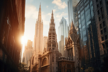 Fototapeta na wymiar Sunset casting golden light on skyscrapers in modern cityscape. Urban architecture and design.