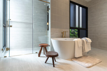 Modern White Bathroom Design with Freestanding Bathtub. Light shine through from aside.