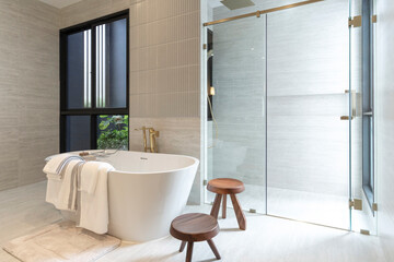 Modern White Bathroom Design with Freestanding Bathtub. Light shine through from aside.