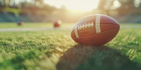 Close-Up of an American Football on a Football Field Stadium in Summer, Against a Light Background