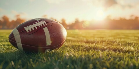 Close-Up of an American Football on a Football Field Stadium in Summer, Against a Light Background