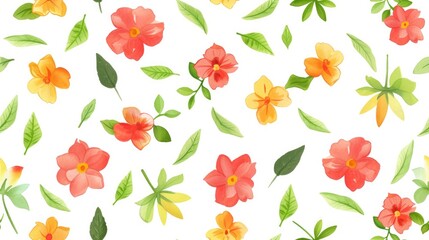 Field of Flowers with Leaves on a White Background