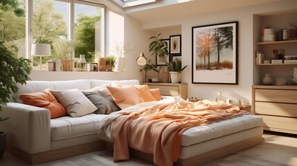 A bedroom with a fold-out sofa bed that doubles as a seating area during the day