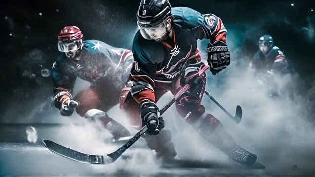 Hockey players shoots the puck and attacks. ice hockey game at  rink sport arena. 4k Video footage