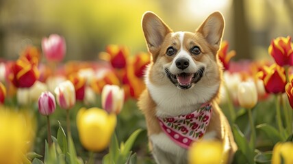 Cheerful Corgi Sports Sorbet-Toned Bandana Among Spring Tulips