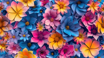 Fototapeta na wymiar Seamless 3D Floral Design with Vivid Vibrant Blue, Vibrant Yellow, and Vibrant Pink Colors