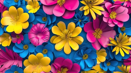 Seamless 3D Floral Design with Vivid Vibrant Blue, Vibrant Yellow, and Vibrant Pink Colors