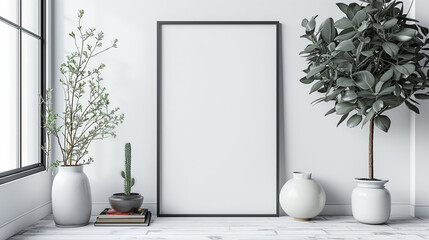 Abstract mockup with  mock up poster frame on light background. Art, poster display. Realistic mock up design interior generative AI