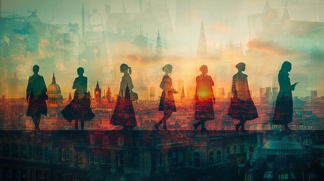 Women transparent figures from different historical periods layer over a modern-day cityscape. Women history month conceptual image. AI Generated