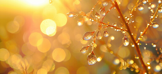 Dew drops on twigs during golden hour. Natural background with copy space.