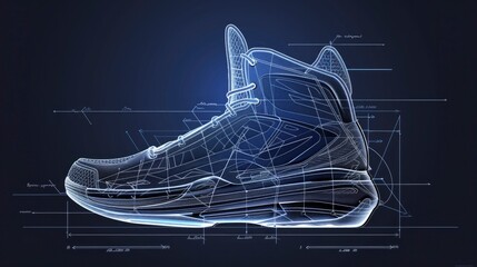 Technical Drawing of a Basketball Shoe, Single Shoe Blueprint - obrazy, fototapety, plakaty