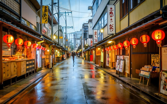 Japanese street view on night time, rainy weather illustration. Various market or shops beside footpath.