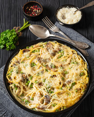 baked chicken tetrazzini in baking dish, top view