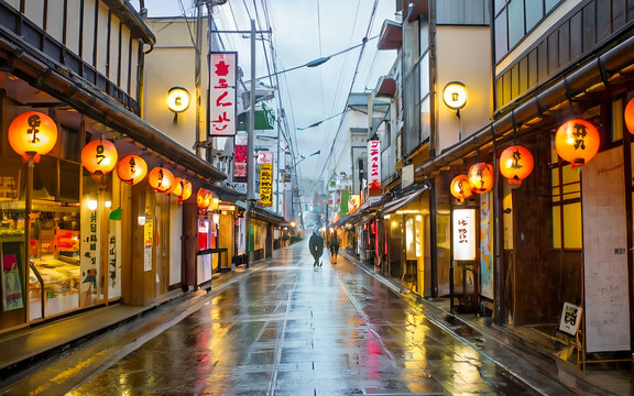 Japanese street view on night time, rainy weather illustration. Various market or shops beside footpath.