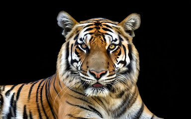 Portrait of a Royal bengal tiger face close view on a isolated black background.