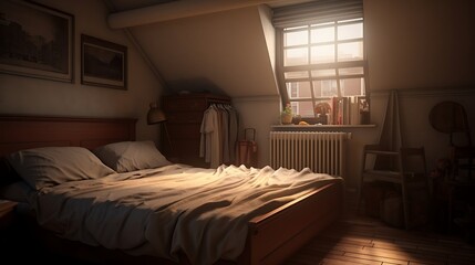 A bedroom with a bed tucked into a corner, leaving the rest of the space open and uncluttered - obrazy, fototapety, plakaty