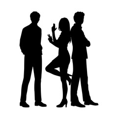 Vector silhouettes of  two men and woman  a group of standing   business people, profile, black  color isolated on white background