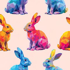 Bunny line art cartoon colorful repeat pattern, vibrant colorful bright pop art party funky kawaii